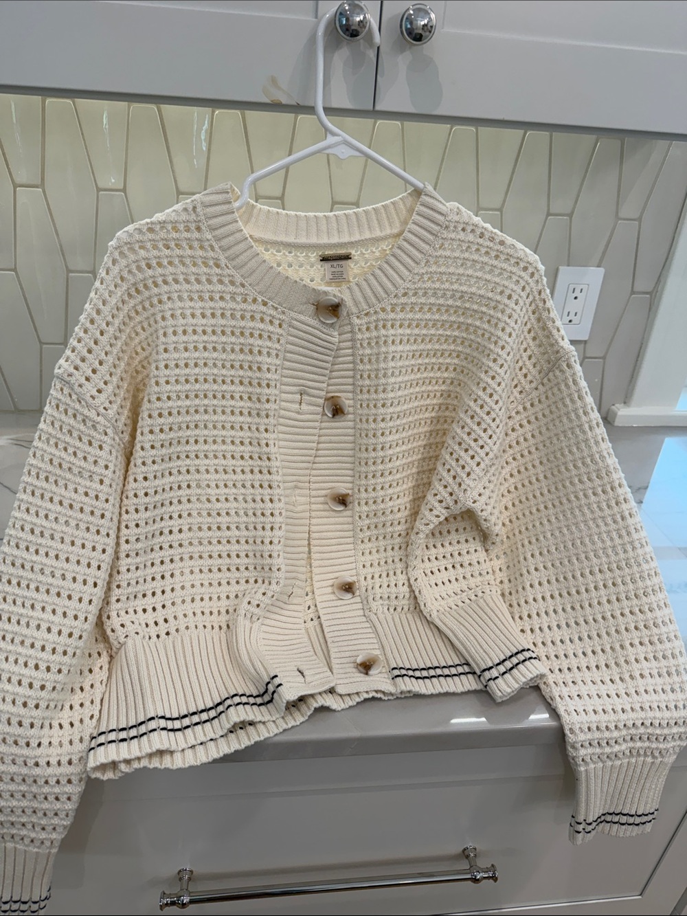 Magaschoni Cream Open-Weave Button Cardigan with Black Stripe